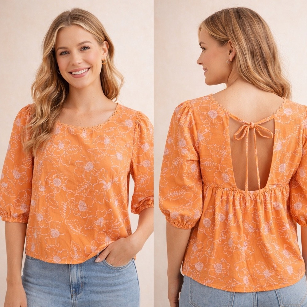 LOFT Orange Floral Embroidered Open‎ Back Puff Sleeve Top XL NWT 36722396